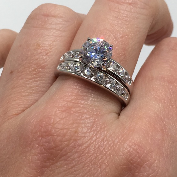 18k white gold ring set 2pc engagement wedding - Picture 2 of 7